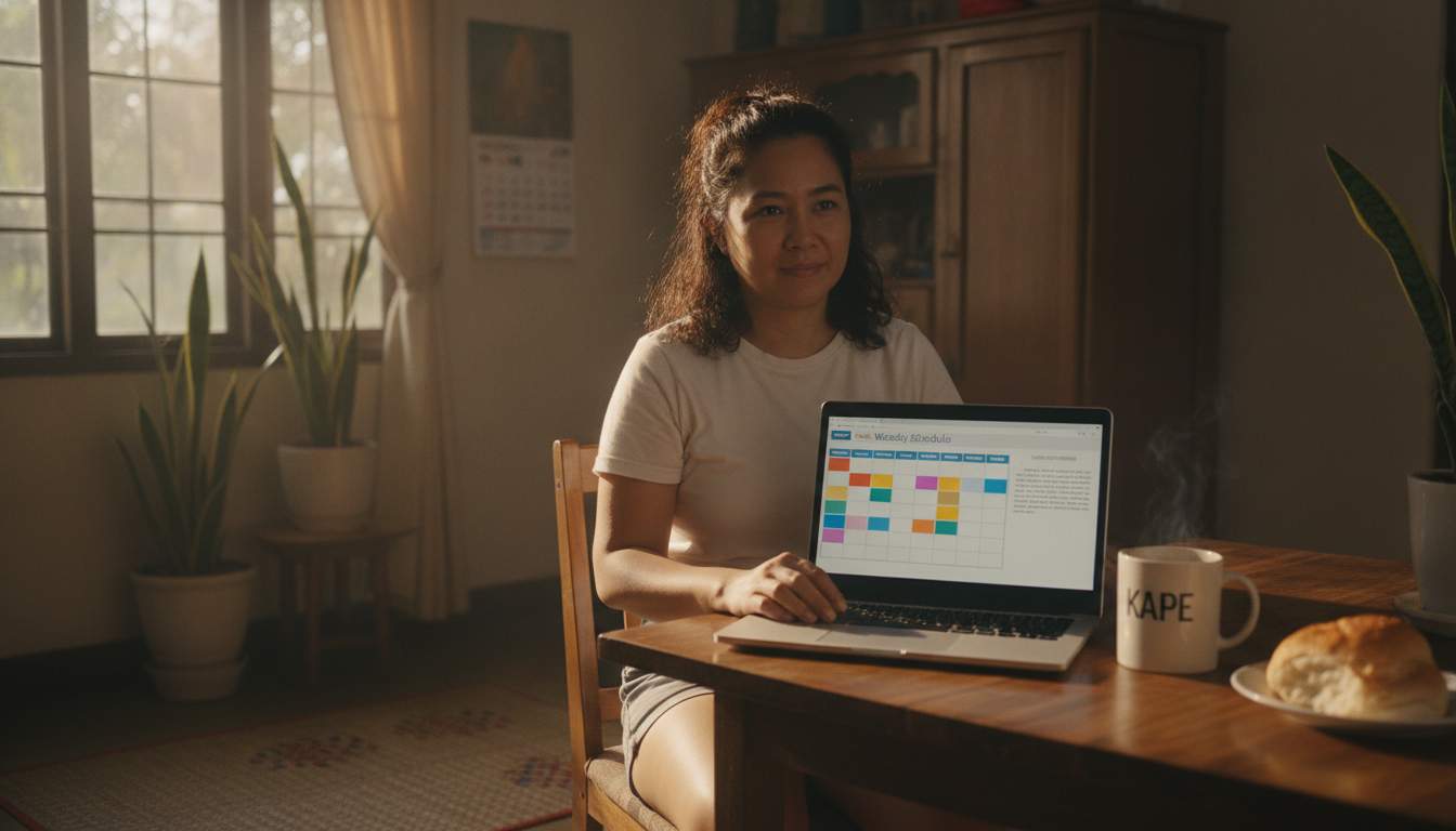 Weekly rewards terms and eligibility Adult in the Philippines checking weekly reward terms on a laptop